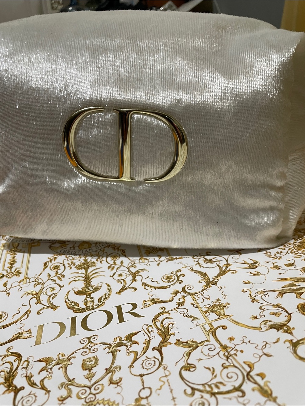 Christian Dior Satin Cosmetic Pouch in Pearl with Gold CD Logo